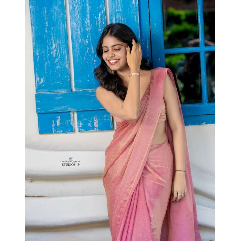 Women's pink silk embroidered saree with unstitched blouse (5.5mtr), intricate embroidery on delicate fabric