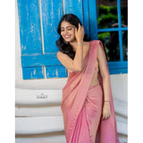 Women's pink silk embroidered saree with unstitched blouse (5.5mtr), intricate embroidery on delicate fabric