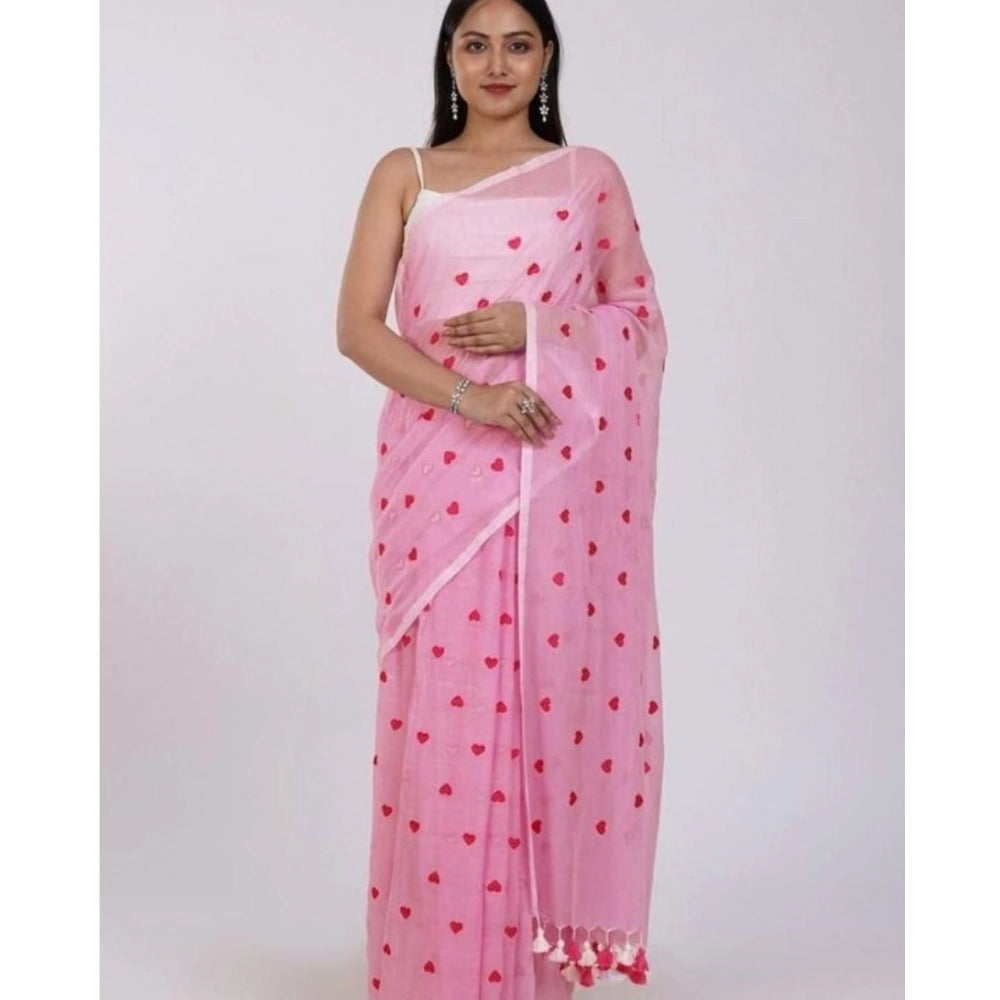 Pink linen printed saree with unstitched blouse (5.5mtr), traditional Indian attire for women