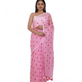 Pink linen printed saree with unstitched blouse (5.5mtr), traditional Indian wear for women