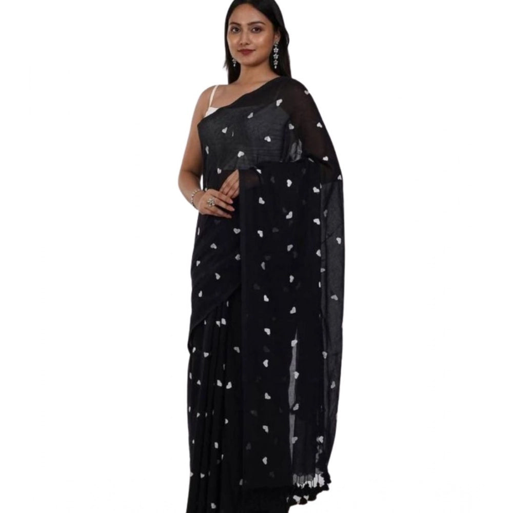Black linen printed saree with unstitched blouse (5.5Mtr) - traditional Indian wear on mannequin