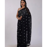 Black linen printed saree with unstitched blouse (5.5Mtr) - traditional Indian women's wear