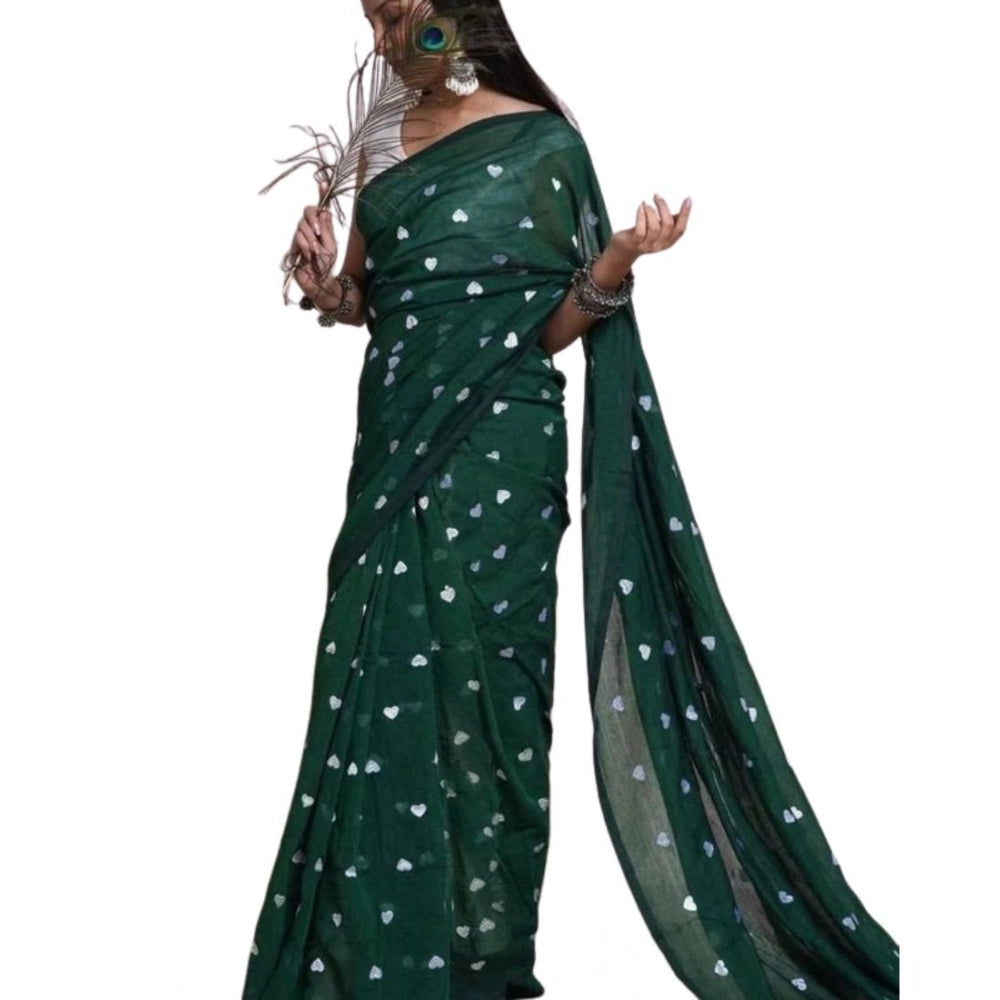 Green linen printed saree with unstitched blouse (5.5Mtr) on clothing rack