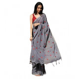 Grey linen printed saree with unstitched blouse (5.5Mtr) - traditional Indian women's attire on mannequin