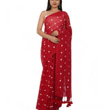 Red linen printed saree with unstitched blouse (5.5Mtr), traditional Indian women's wear on mannequin