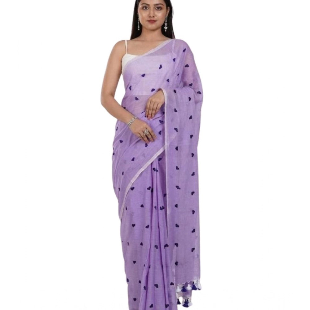 Purple linen printed saree with unstitched blouse (5.5mtr), traditional Indian attire on mannequin