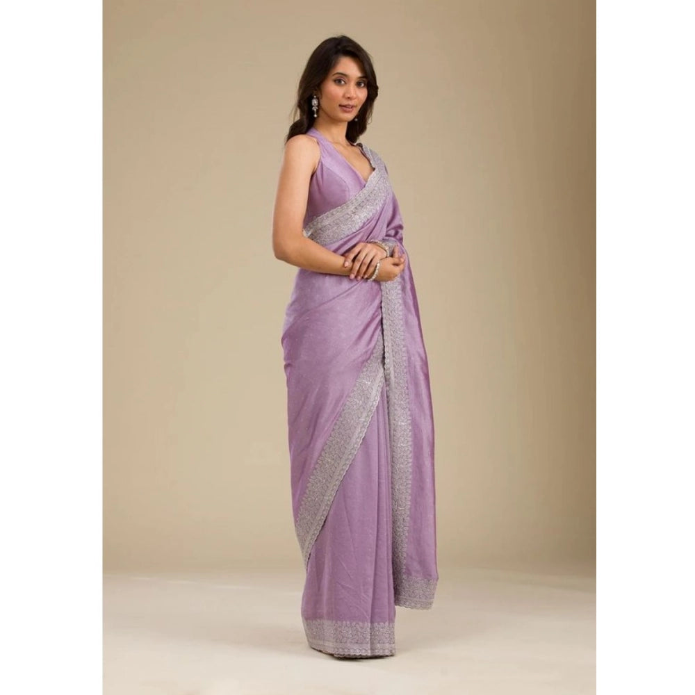 Purple silk embroidered saree with unstitched blouse (5.5mtr), intricate floral designs on luxurious fabric