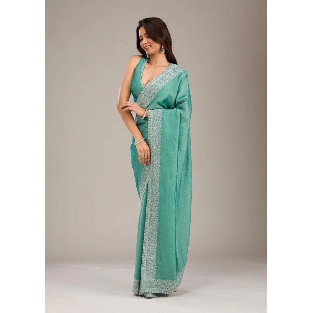 Light green silk embroidered saree with unstitched blouse (5.5mtr), elegant Indian women's traditional wear