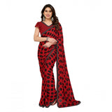 Red Georgette printed saree with unstitched blouse, 5.5Mtr length on display mannequin