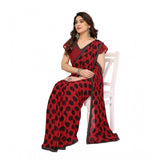 Red georgette printed saree with unstitched blouse, 5.5Mtr on display mannequin