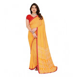Yellow georgette printed saree with unstitched blouse, 5.5mtr length on model