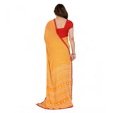 Yellow georgette printed saree with unstitched blouse, 5.5Mtr length on model