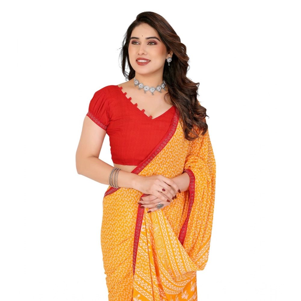Yellow Georgette printed saree with unstitched blouse (5.5mtr) on model