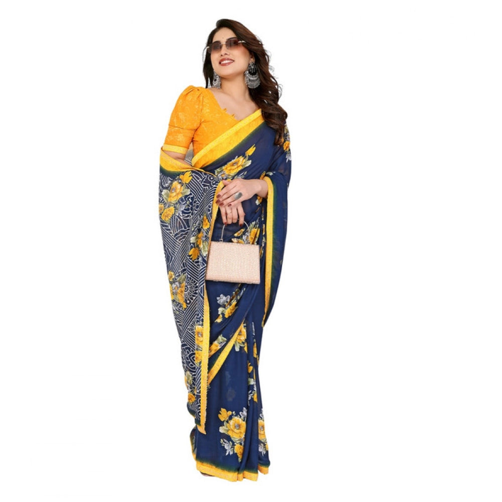 Blue georgette printed saree with unstitched blouse, 5.5Mtr length
