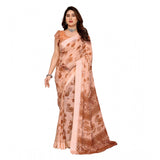 Brown georgette printed saree with unstitched blouse, 5.5mtr length on mannequin