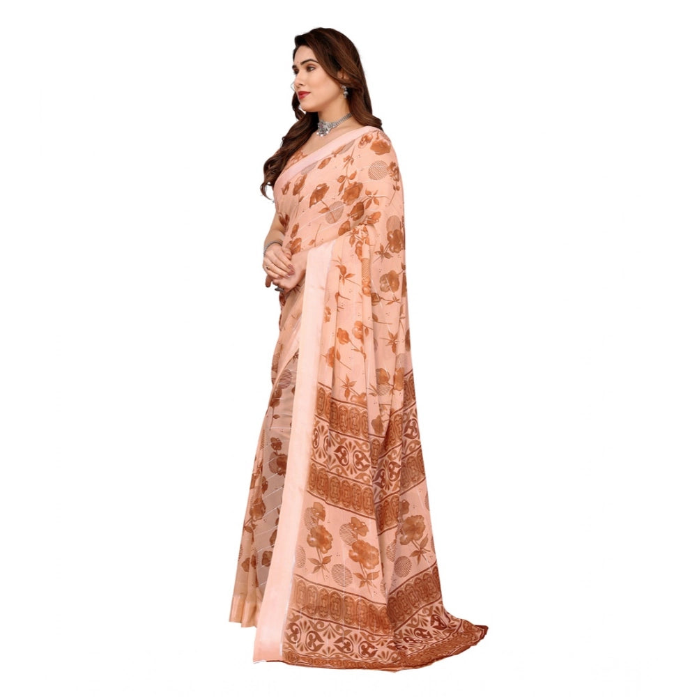 Brown Georgette printed saree with unstitched blouse (5.5Mtr), traditional Indian women's outfit on mannequin