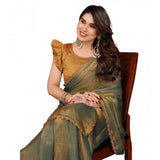 Green Georgette printed saree with unstitched blouse (5.5mtr), traditional Indian wear on mannequin