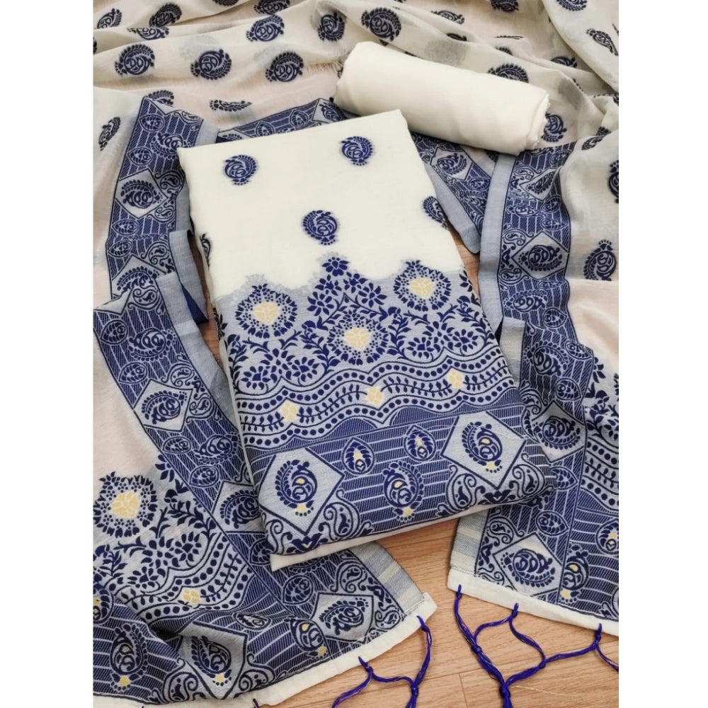 Navy Blue Banarasi Silk Printed Unstitched Salwar Suit with Dupatta (3m) - Women's traditional Indian attire on hanger