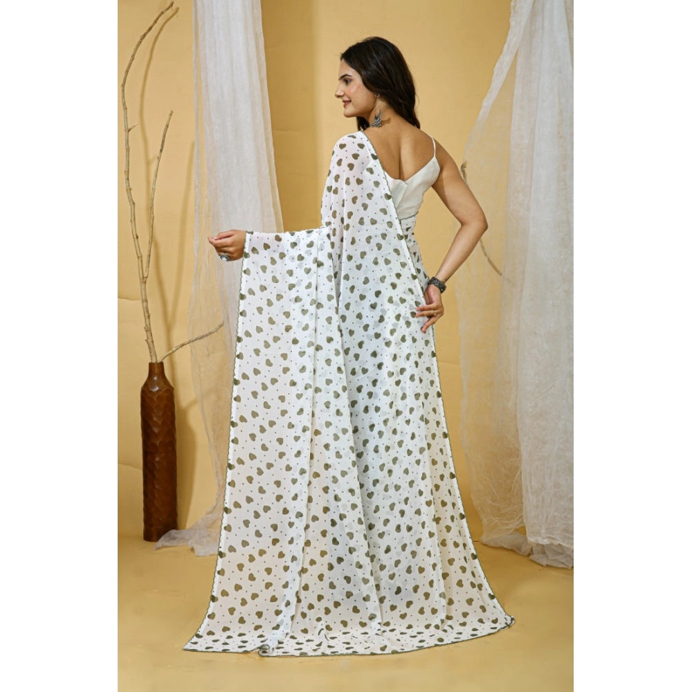White-Grey Georgette printed saree with unstitched blouse, 5.5mtr length on mannequin