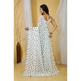 White-Grey Georgette printed saree with unstitched blouse, 5.5mtr length on mannequin