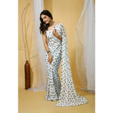 White-Grey Georgette printed saree with unstitched blouse, 5.5Mtr length on mannequin