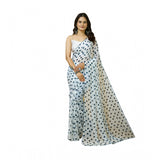 White georgette printed saree with unstitched blouse, 5.5Mtr length on mannequin