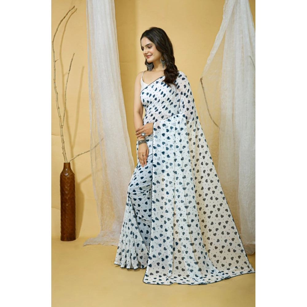 White Georgette printed saree with unstitched blouse, 5.5Mtr length on mannequin
