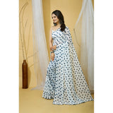 White Georgette printed saree with unstitched blouse, 5.5Mtr length on mannequin