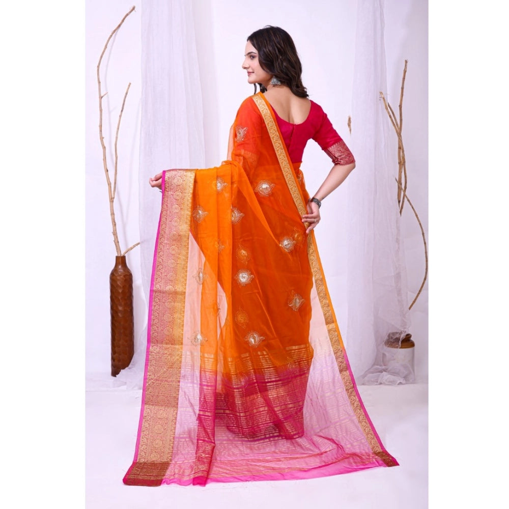 Orange organza jacquard embellished saree with unstitched blouse, 5.5mtr for traditional Indian wear