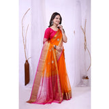 Orange organza jacquard embellished saree with unstitched blouse (5.5Mtr), traditional Indian women's wear on mannequin