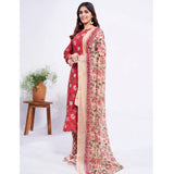 Red cotton blend printed kurti with pant dupatta set, long below-knee round neck 3/4th sleeve with intricate pattern detail