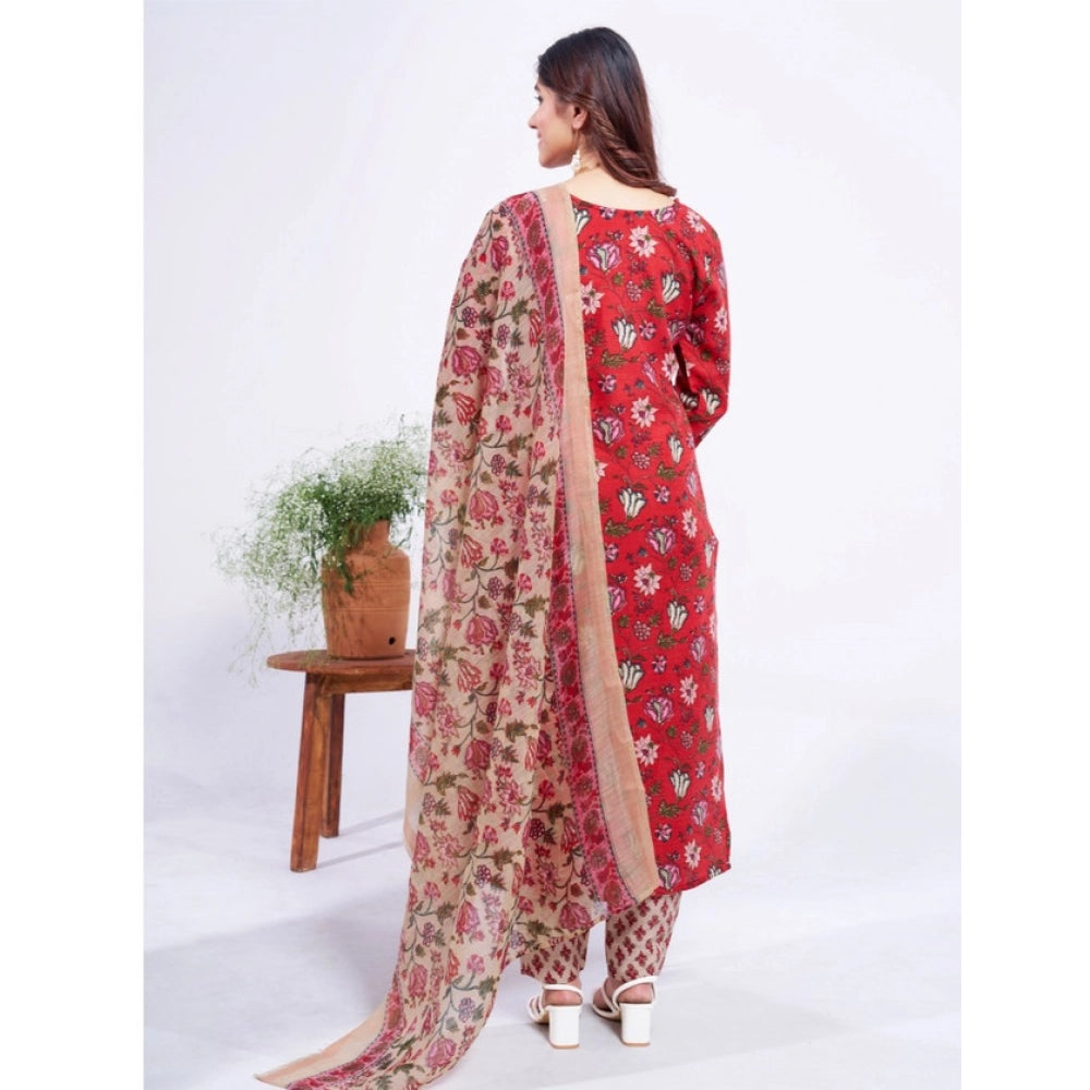 Red cotton blend printed kurti set with pant dupatta, below knee length, round neck, 3/4th sleeves on display stand