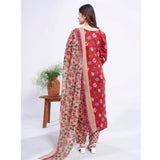 Red cotton blend printed kurti set with pant dupatta, below knee length, round neck, 3/4th sleeves on display stand