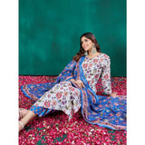 Multicolor cotton blend printed kurti with pant dupatta set below knee, round neck, 3/4th sleeve