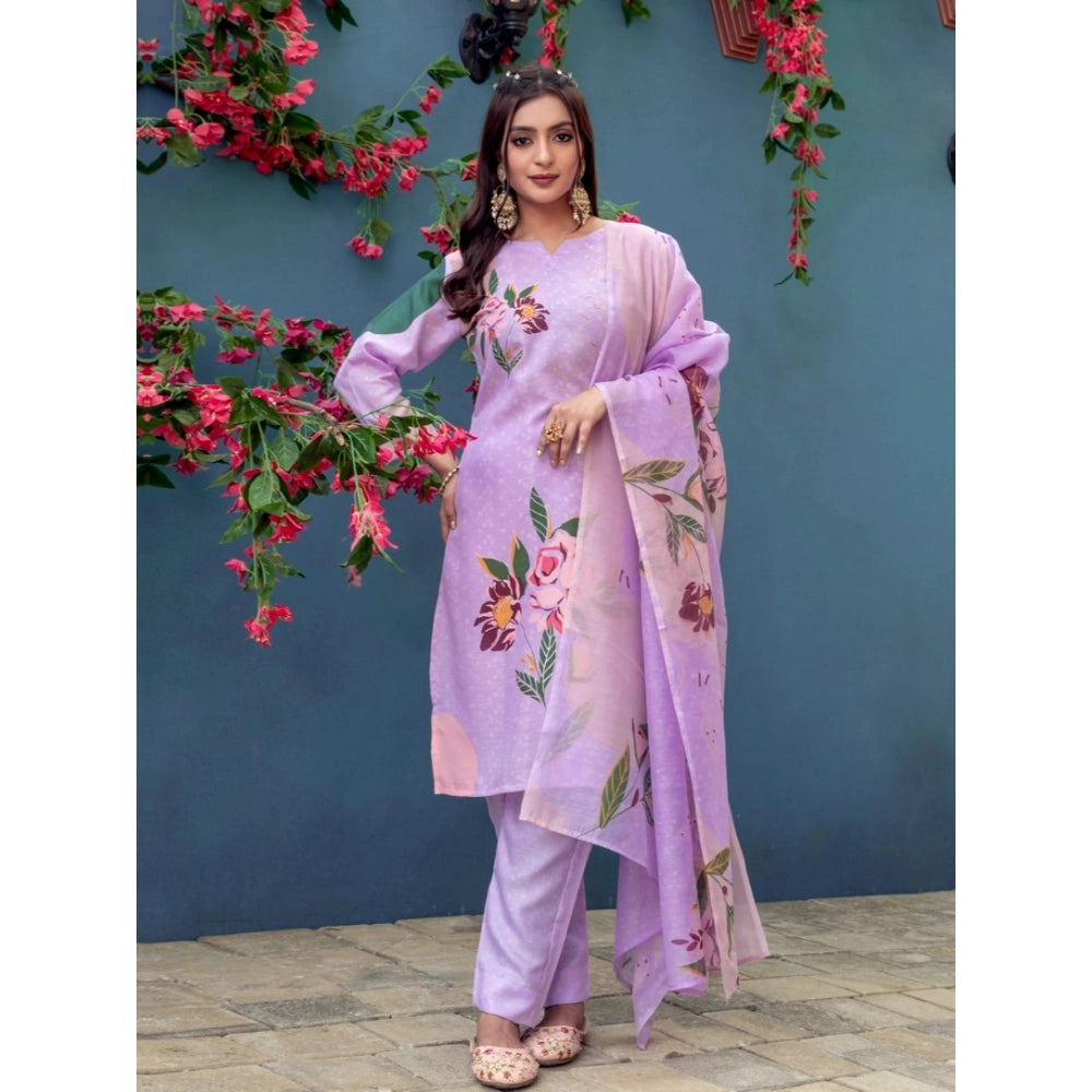 Lavender cotton blend printed kurti set with pant dupatta, knee-length, round neck, 3/4th sleeve for women