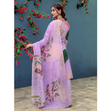 Lavender cotton blend printed kurti & pant set with dupatta, knee-length, round neck, 3/4th sleeves