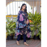 NavyBlue cotton blend printed kurti with pant dupatta set, knee-length V-neck 3/4th sleeve Indian outfit for women