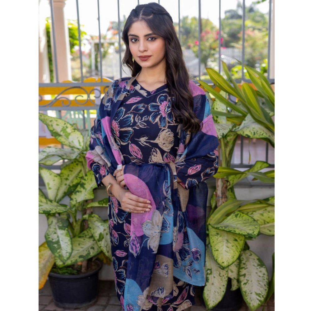 NavyBlue cotton blend printed kurti set with pant dupatta, knee length V-neck 3/4th sleeve design for women's fashion