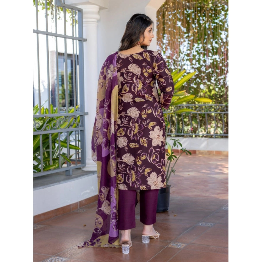 Purple cotton blend printed kurti with pant dupatta set, knee-length V-neck 3/4th sleeve, women's fashion wear for parties or events