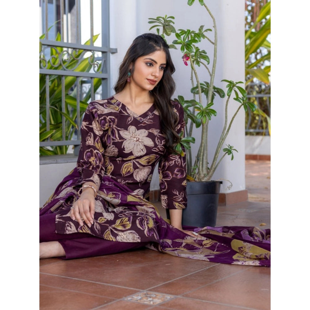 Purple cotton blend printed kurti & pant dupatta set, vibrant pattern on knee-length V-neck 3/4th sleeve outfit