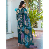 Women's Rama cotton blend printed kurti with pant dupatta set, knee-length V-neck 3/4th sleeve ethnic outfit on display