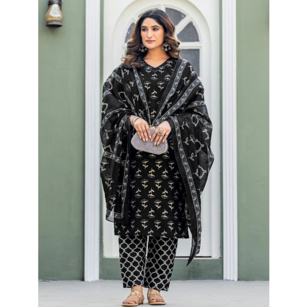 Black cotton blend printed kurti with pant dupatta set, V-neck, 3/4th sleeve, below knee length, fashionable Indian wear for women