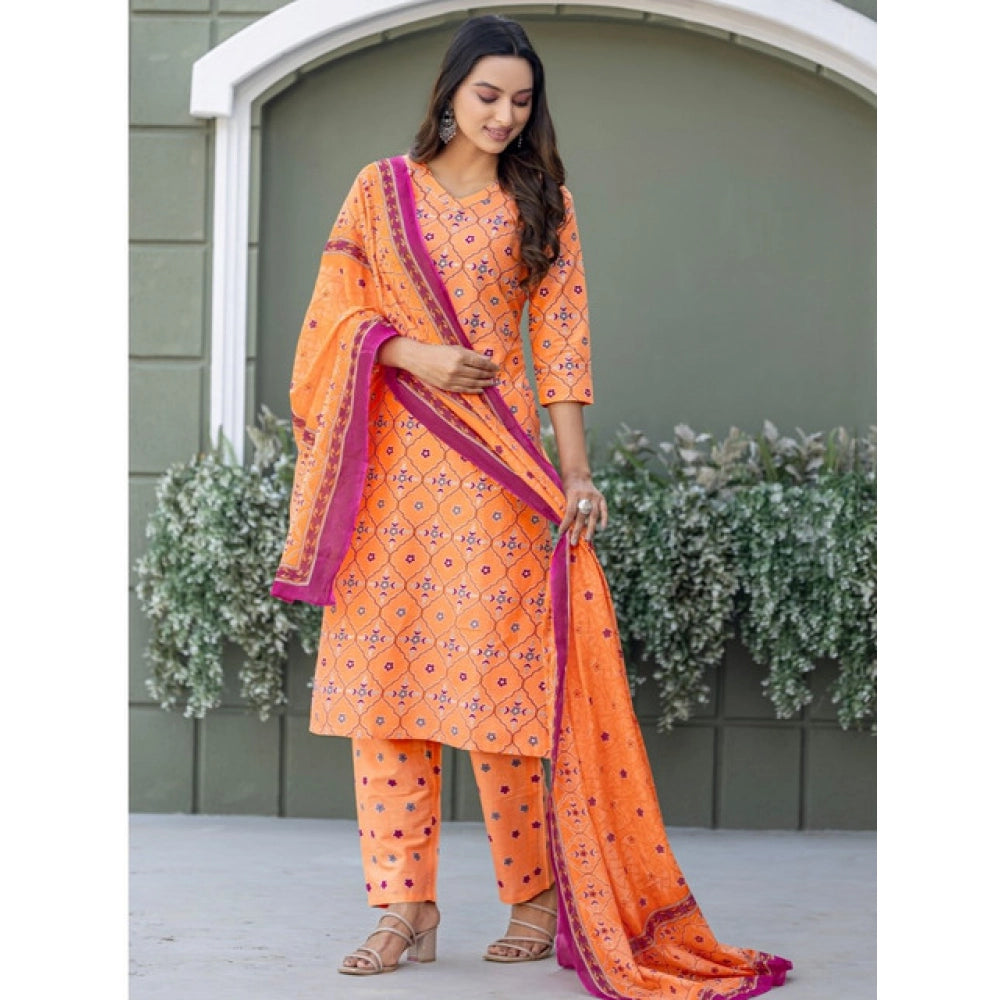 Coral cotton blend printed kurti with pant dupatta set, featuring V-neck & 3/4th sleeves, ideal for traditional Indian wear below the knee