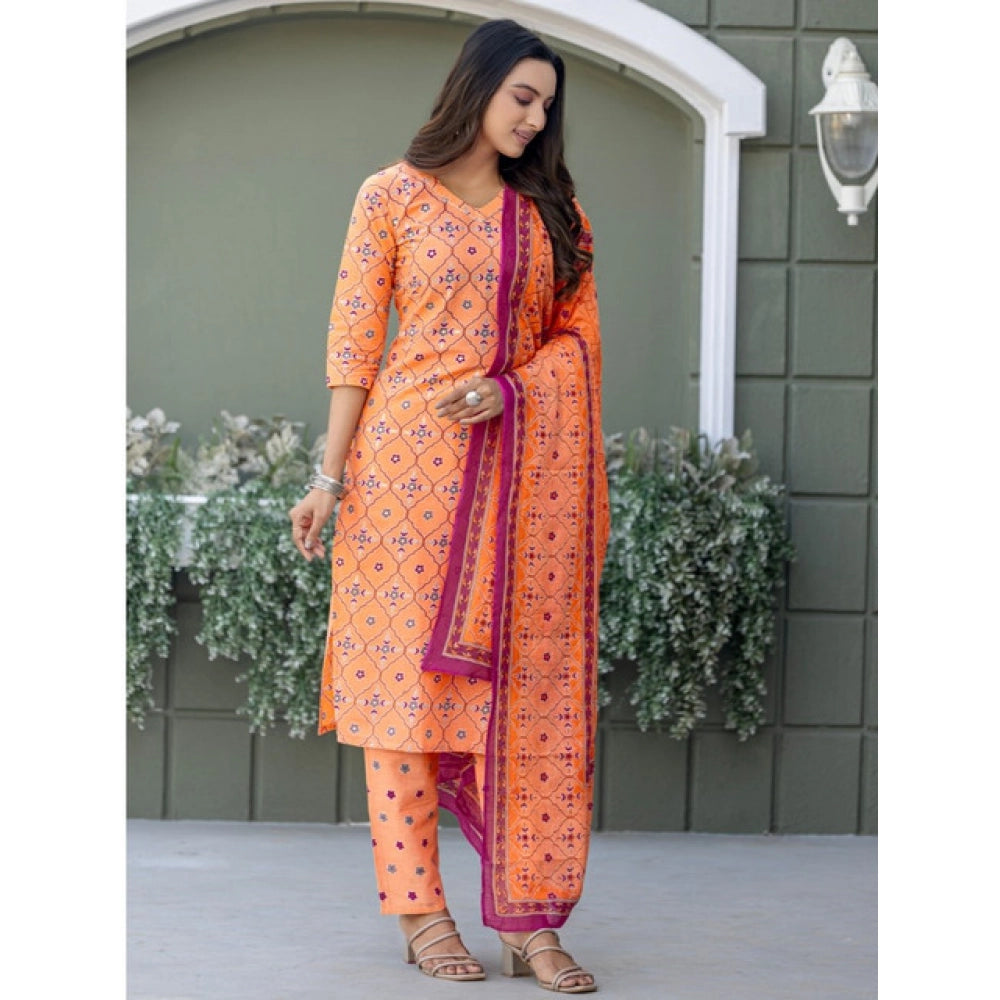 Coral cotton blend printed kurti with pant dupatta set below knee, V-neck, 3/4th sleeves on display rack