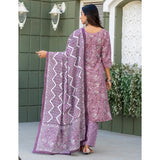 Lavender cotton blend printed kurti set with pant dupatta, V-neck, 3/4th sleeve, below knee length, styled on mannequin