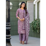 Lavender cotton blend printed kurti & pant set with dupatta, V-neck, 3/4th sleeves, below knee length