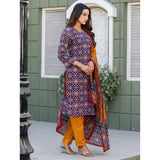 Navy Blue cotton blend printed kurti with pant dupatta set - v-neck, 3/4th sleeves, below knee length on mannequin