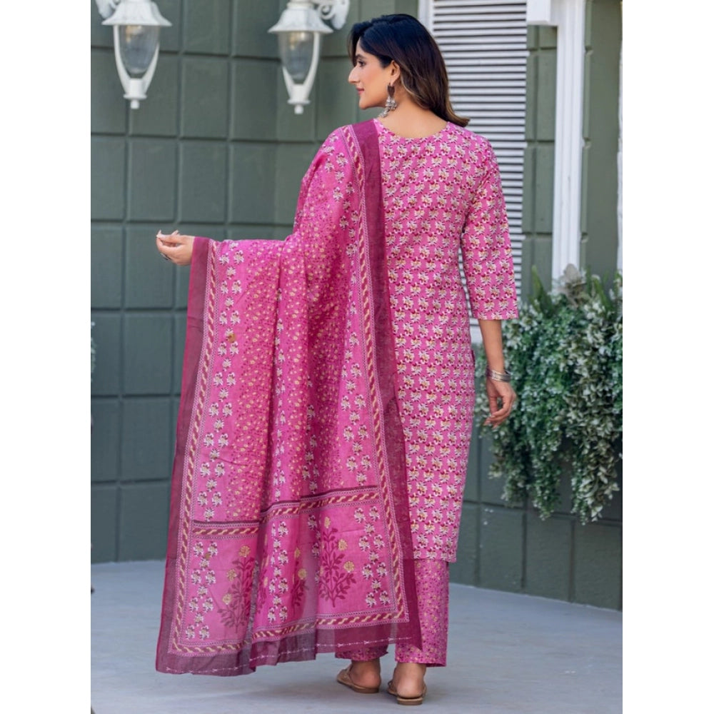 Pink cotton blend printed kurti with pant dupatta set, V-neck, 3/4th sleeve, below knee length