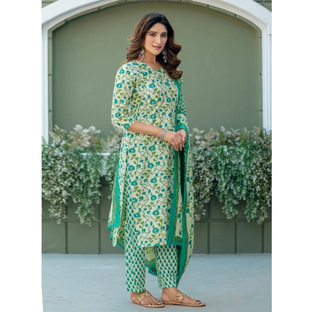 Women's cotton blend printed pista kurti with pant dupatta set - vibrant patterned outfit for traditional Indian wear