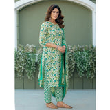 Women's cotton blend printed pista kurti with pant dupatta set - vibrant patterned outfit for traditional Indian wear